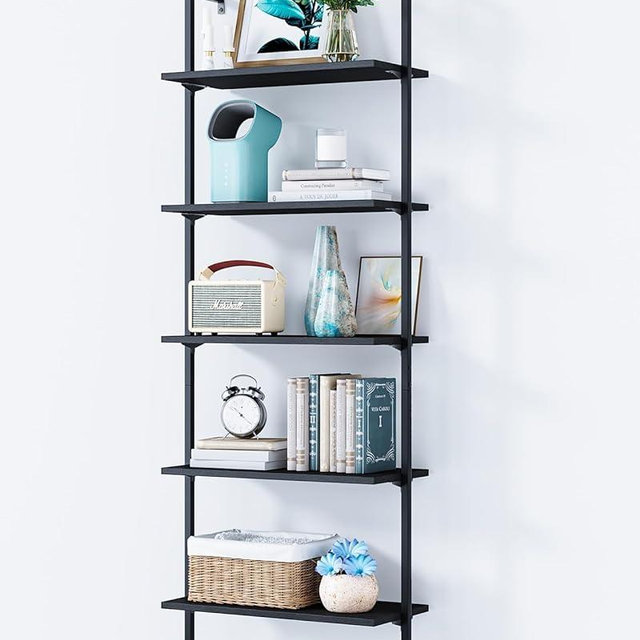 ODK 5-Tier Ladder Shelf, 74 Inches Wall Mounted Ladder Bookshelf with Metal Frame, Open Industrial Shelves for Home Office, Bedroom and Living Room, Black