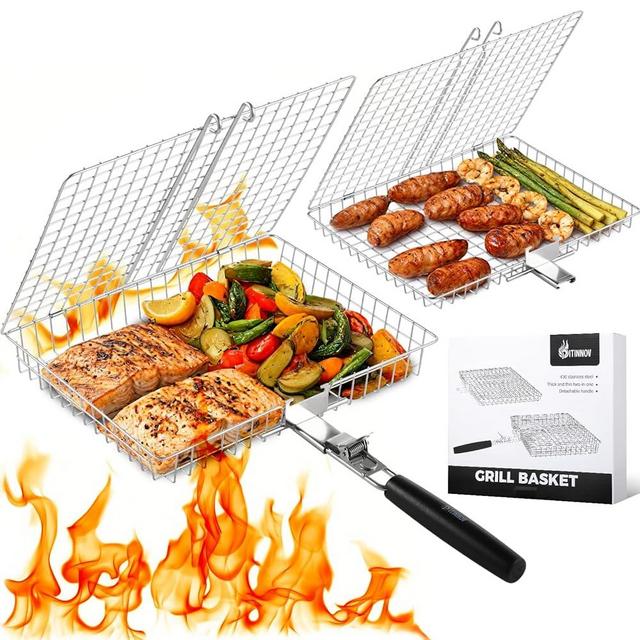 Grill Basket Set, 2pcs BBQ Grilling Baskets for Outdoor Grill with Removable Handle, Stainless Steel Camping Cooking Grill Accessories for Chicken, Fish, Vegetable, Steak etc