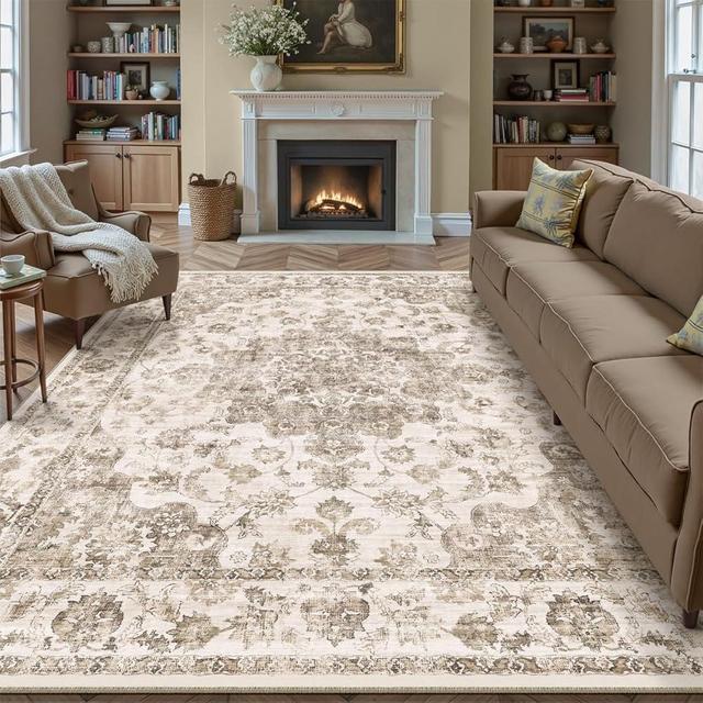 WondRg 10x12 Neutral Area Rug Brown Vintage Living Room Bedroom Washable Carpet Non-Slip Soft Low Pile Floral Indoor Large Throw Rug for Dining Room Office