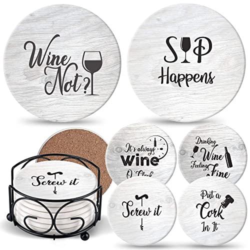 Coasters for Drinks Absorbents with Holder | 6 Pcs Gift Set with 6 Funny Sayings for Wine Lovers | Ceramic Stone with Corked Back, Unique Present for Housewarming, Living Room Decor