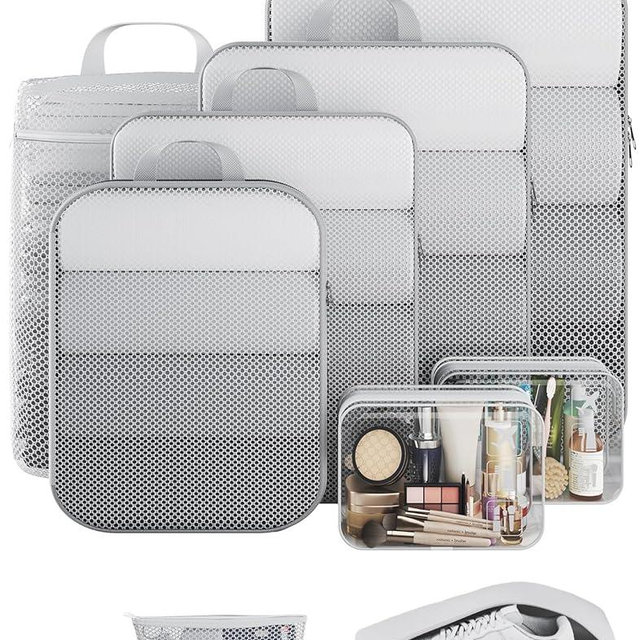 Veken 9/11 Set Compression Packing Cubes for Travel Essentials,Compressible Expandable Large Luggage Suitcase Organizer Bags for Clothing,Durable Space Saver Storage Bags with Toiletry Bags(White)