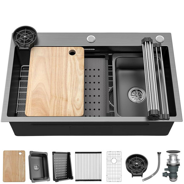 YITAHOME Drop In Kitchen Sink Workstation 30 Inch, Top mount Stainless Steel Nano Gunmetal Black Sink w/Glass Rinser, Cutting Board, Handmade Single Bowl Sink with Accessories 30 x 18 x 10in