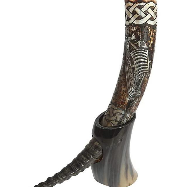 Authentic Handmade Viking Drinking Horn - Medieval Norse Ale Drinking Mug For Vikings with Stand - Hand Engraved Viking's Drink Cup - Food Safe Beer Horns (Drakkar - 20 Inches)