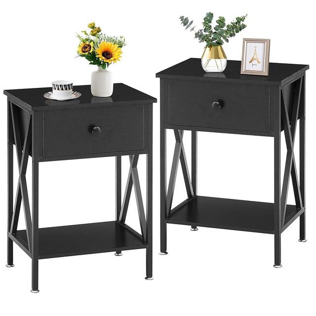 VECELO Nightstands,Set of 2 Side Night Stand Storage Shelf Bedroom,Living Room,Black, End Table with Drawer