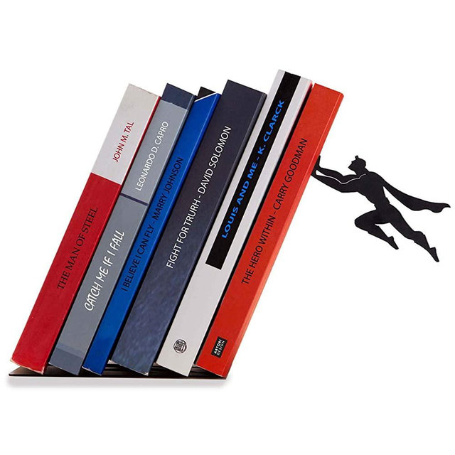 Decorative Bookends for Shelf or Desk - Black Metal Book Ends - Superhero Bookend - Book Ends for Office - Cool Super Hero Book Stopper / Book Holder / Shelf Dividers - Book & Hero by Artori Design