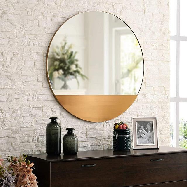 MOTINI 32 Inch Round Decorative Wall Mirror Large Modern Brushed Brass Metal Frame Mirror Wall Mounted for Wall Decor, Living Room, Bedroom