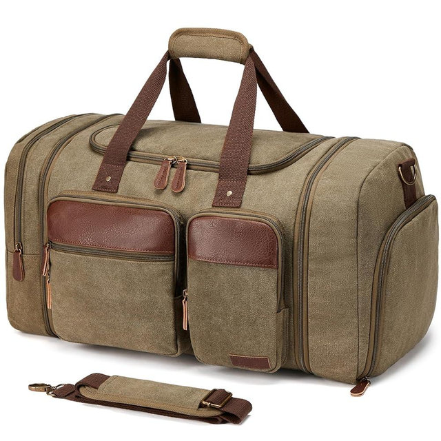 Celvetch Canvas Duffle Bag for Travel 50L Expandable Travel Duffel Bags for Men Women Overnight Weekend Gym Bag with Shoes Compartment - Brown