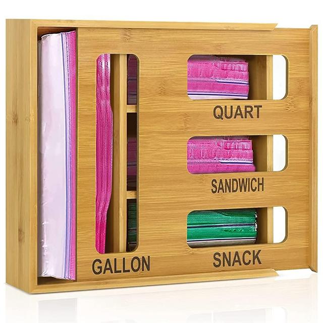 Ziplock Bag Organizer for Kitchen Drawer Organizer, Bamboo Baggie Dispenser Sandwich Bag Organizer, Food Ziplock Bags Storage Container Organizer for Gallon Quart Sandwich Snack Variety Size Bags