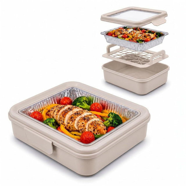 9x13 Pan Carrier with Aluminum Foil Pan – Insulated Food Carrier for Casseroles, Lasagna & Hot/Cold Dishes, Decorative Tabletop Serving Container with Lid for Parties, BBQ, Catering, Travel, Beige