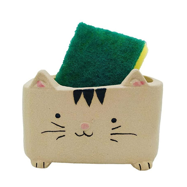 MONMOB Farmhouse Kitchen Decor Home Decor Design Ceramic Kitchen Sponge Holder (cat)