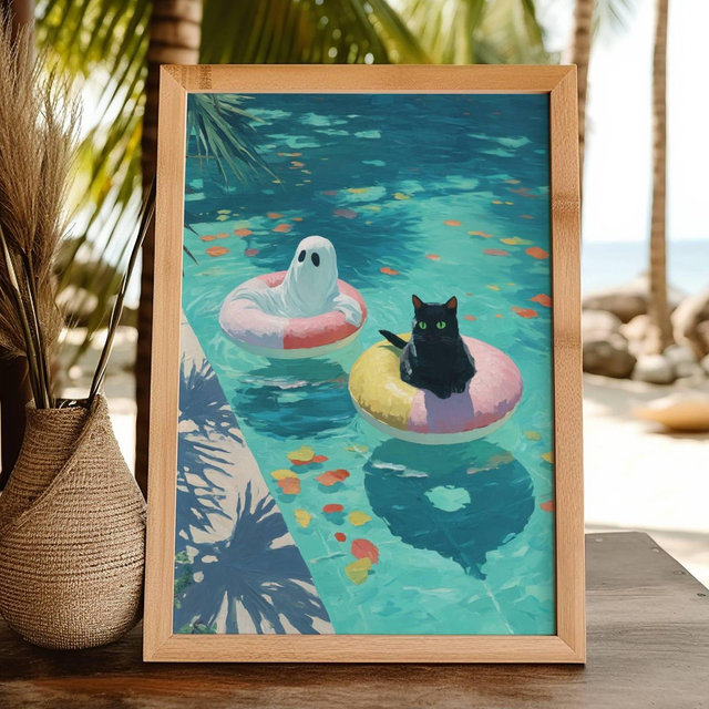 Ghost and Black Cat in Pool Poster, Summerween Wall Art, Whimsigoth Print, Spooky Cute Decor, UNFRAMED