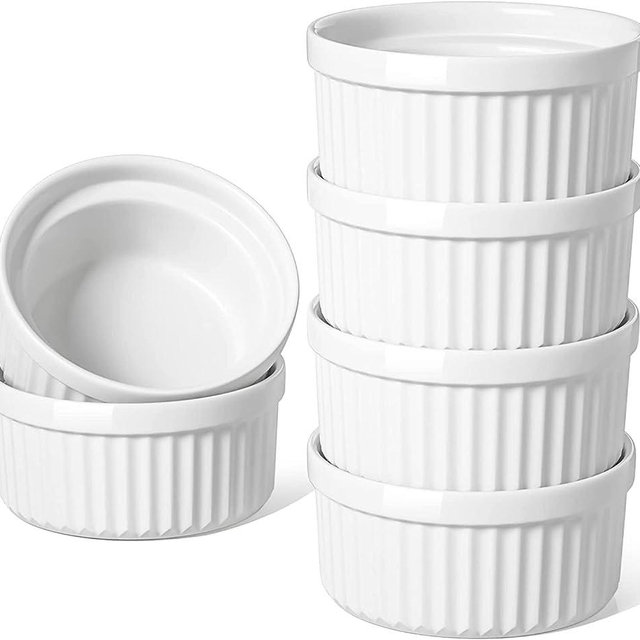 LE TAUCI Ramekins 12 OZ Oven Safe, Ceramic Souffle Dishes for Oven, Custard Cups, Creme Brulee Dishes, Porcelain Large Ramekins, Pudding Ramiken, Dipping Sauces, Set of 6, White