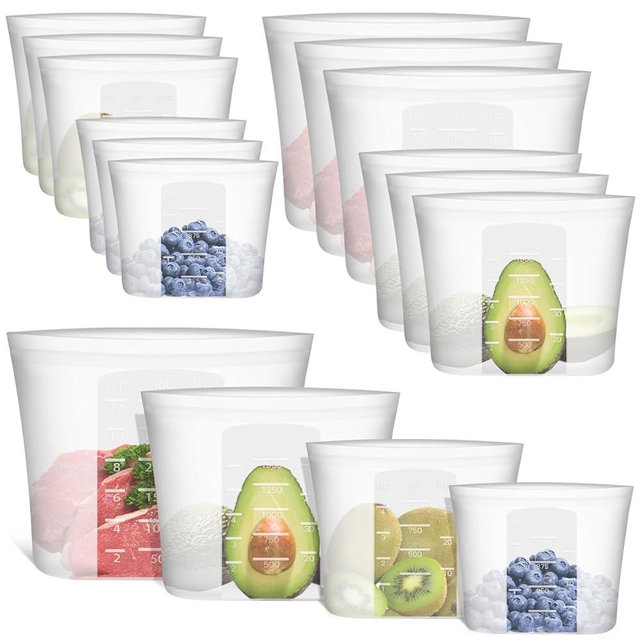 Reusable Storage Bag, 12 Pack 100% Silicone Food Storage Bags Stand Up Zip Lock Bags for Food, Freezer Microwave Oven Dishwasher Safe, 3 Extra Large(0.8 Gallon) 3 Medium 3 Small 3 X-Small, Translucent