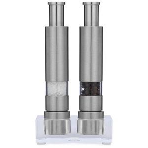 Grind Gourmet Salt and Pepper Grinder Set, Original Pump & Grind Peppermill are Refillable, Modern Thumb Press Grinder, Works With Black Pepper, Sea Salt, Himalayan Salts, Stand Included