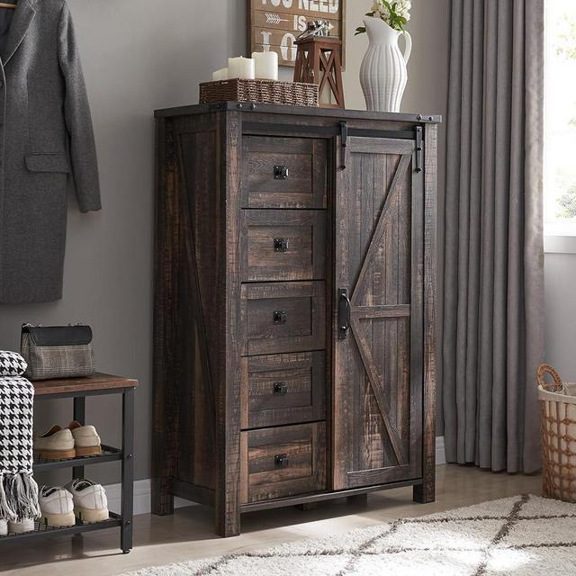 T4TREAM 5 Drawers Dresser for Bedroom w/Sliding Barn Door, Farmhouse Modern Tall Dresser 5 Chest of Drawers, Storage Organizer Dresser for Bedroom, Hallway, Living Room, Kids Room, Dark Rustic Oak