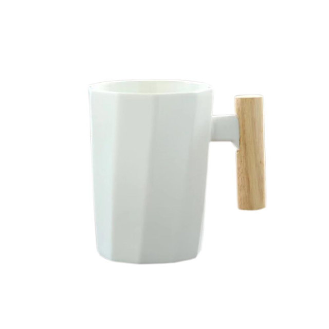 RabyLeo Simple Nordic wooden handle ceramic mug office water cup. (White)