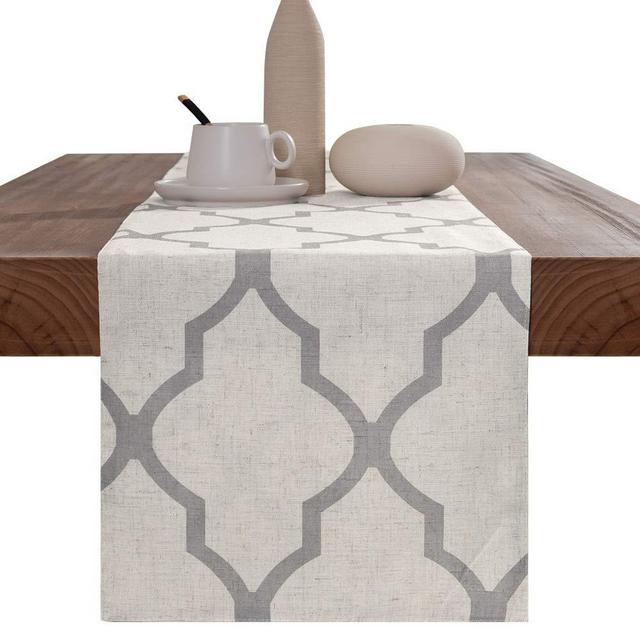 jinchan Moroccan Tile Table Runner Linen Textured for Kitchen Geometric Trellis Printed Table Cover 1 Panel 55" L Soft Grey