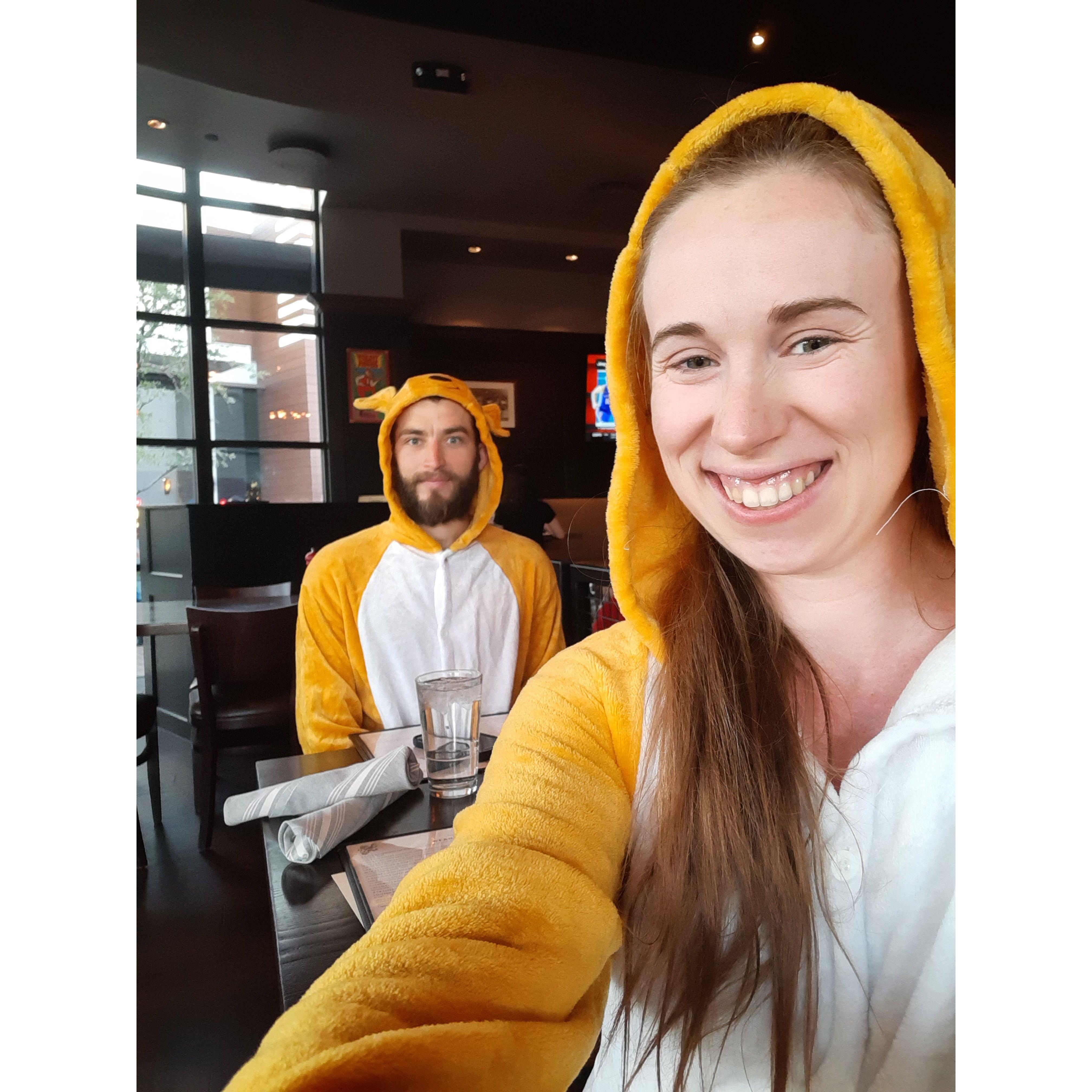 We have a valentines tradition of dressing up in ridiculous onesies and going to fancy restaurants. In 2022 it was Kangaroos! - Thirsty Lion Gastropub, Tempe, AZ