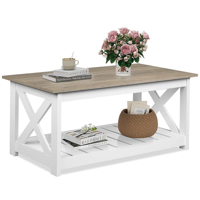 WLIVE Farmhouse Coffee Table for Living Room, 40.1" Rustic Center Table with X-Frame Support & Storage Shelf, 2-Tier Wood Coffee Tables for Bedroom & Balcony, White