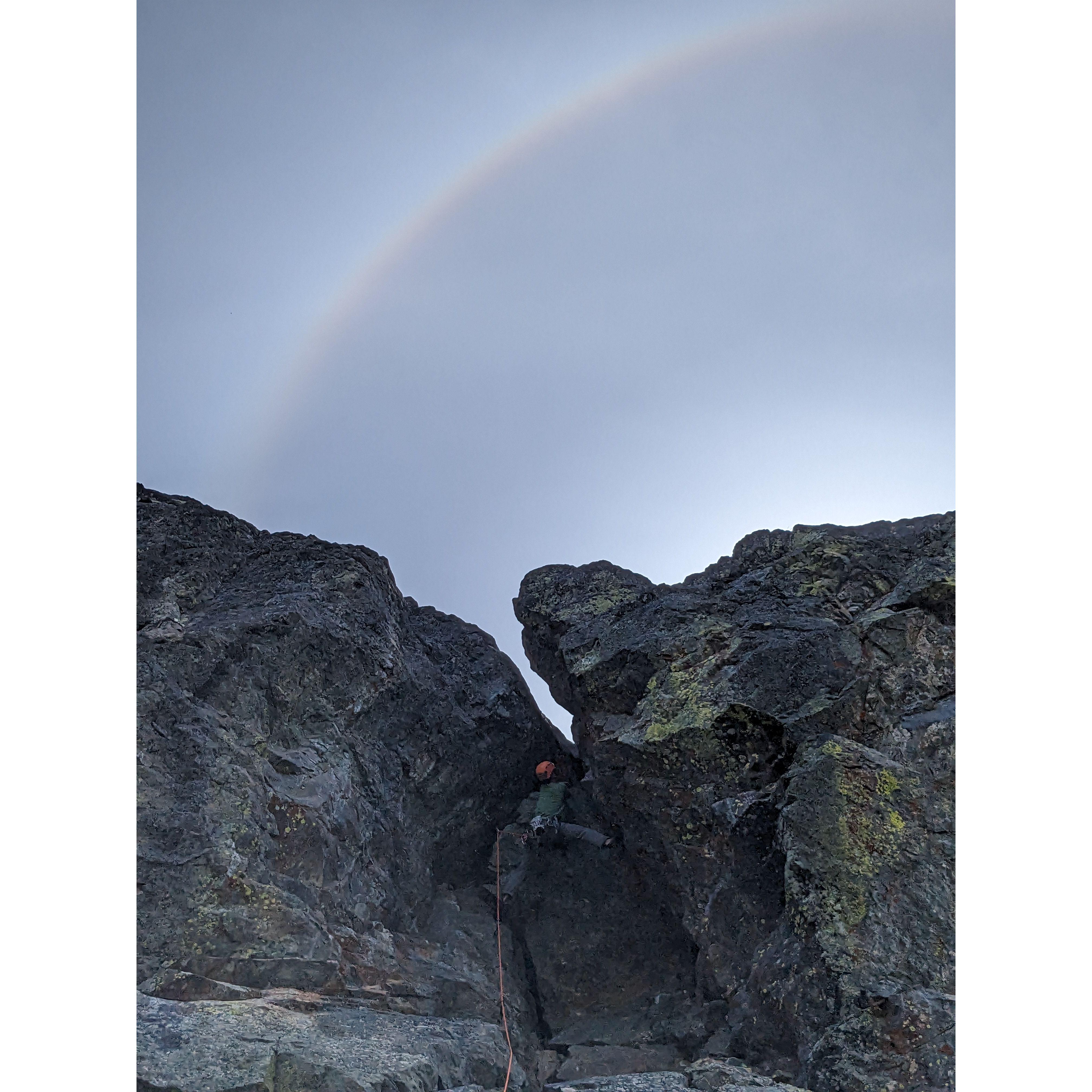 Climbing Flyboys in Mazama. 18 pitches. Beautful rainbow held for hours!