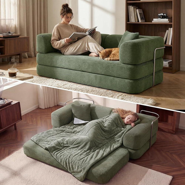 GardBounz 5-in-1 Modular Floor Sofa with 2-in-1 Blanket Pillow, Multi-Functional Combination Couch for Cozy Reading Nook & Gaming, No Assembly Corduroy Lounge Bed for Apartment (Green)