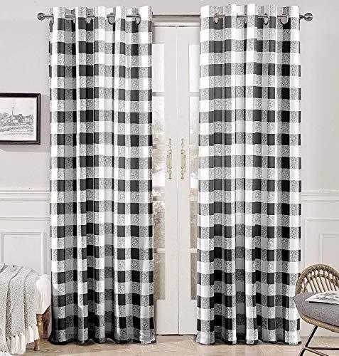 DriftAway Buffalo Checker Pattern Lined Thermal Insulated Blackout and Room Darkening Grommet Window Curtains Printed Plaid 2 Layer Set of 2 Panels 52 Inch by 84 Inch Black