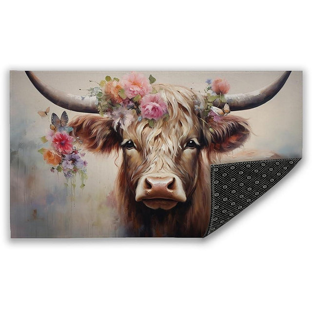 Scottish Cow with Flowers Door Mat, Indoor Outdoor Decor Door Mat Entryway Non-Slip Absorbent Mud Trapper Mats, Floor Mats, Soft Washable Mats Door Carpet for Entryway Bathroom Kitchen Bedroom