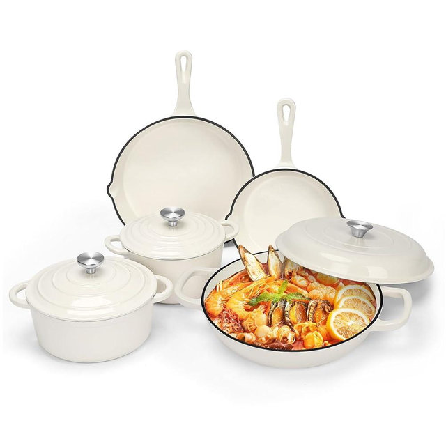 Nonstick Enameled Cast Iron Cookware Set - 8 Piece Pots and Pans with Lid, Frying Pan, Skillet, Dutch Oven Set for All Stovetops, Ideal for Sourdough Bread Baking, Comes with Organizer, Cream White