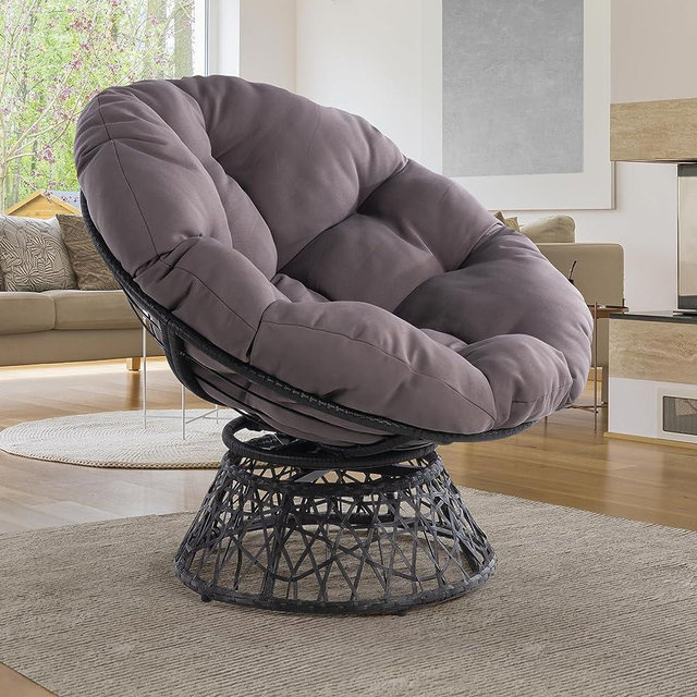 Bme Ergonomic Wicker Papasan Chair with Soft Thick Density Fabric Cushion, High Capacity Steel Frame, 360 Degree Swivel for Living, Bedroom, Reading Room, Lounge, Smoky Quartz - Black Base