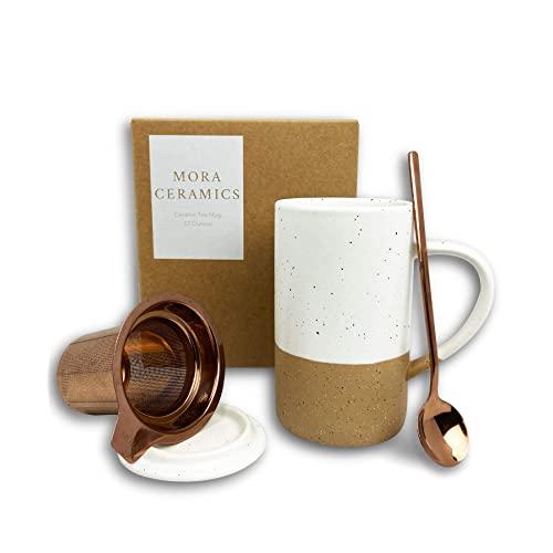 Mora Ceramics Tea Cup with Loose Leaf Infuser, Spoon and Lid, 12 oz, Microwave and Dishwasher Safe Coffee Mug - Rustic Matte Ceramic Glaze, Modern Herbal Tea Strainer - Great Gift for Women, Petro