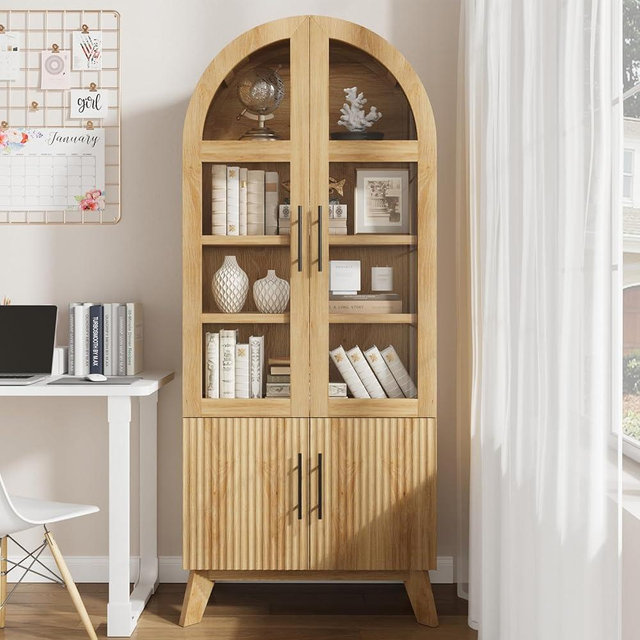 RNLRNL 71" Modern Fluted Display Cabinet with Glass Door, Arched Curio Cabinet with Adjustable Shelf, Bookcase for Collectibles Books, Storage Cabinet for Living Room, Dining Room, Natural Oak