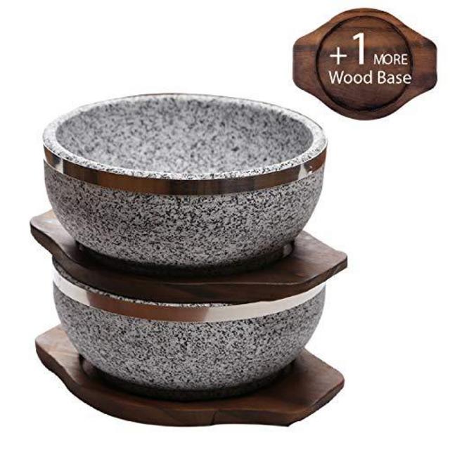 KoreArtStory Dolsot-Bibimbap Stone Bowls 32-Oz(Set of 2 + Wood base 1 More + Bibimbap Recipe) Cooking Korean Soup and Food