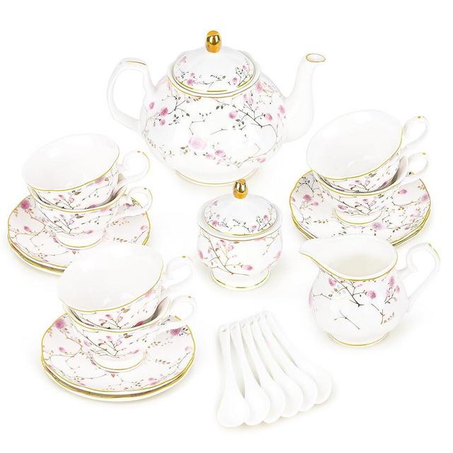 fanquare 21-Piece Gold Vine Floral Porcelain Tea Set, Bone China Tea Sets with Sugar Bowl Creamer Teacups, English Cremic Tea Service for Women Tea Party Family Gathering Home Décor