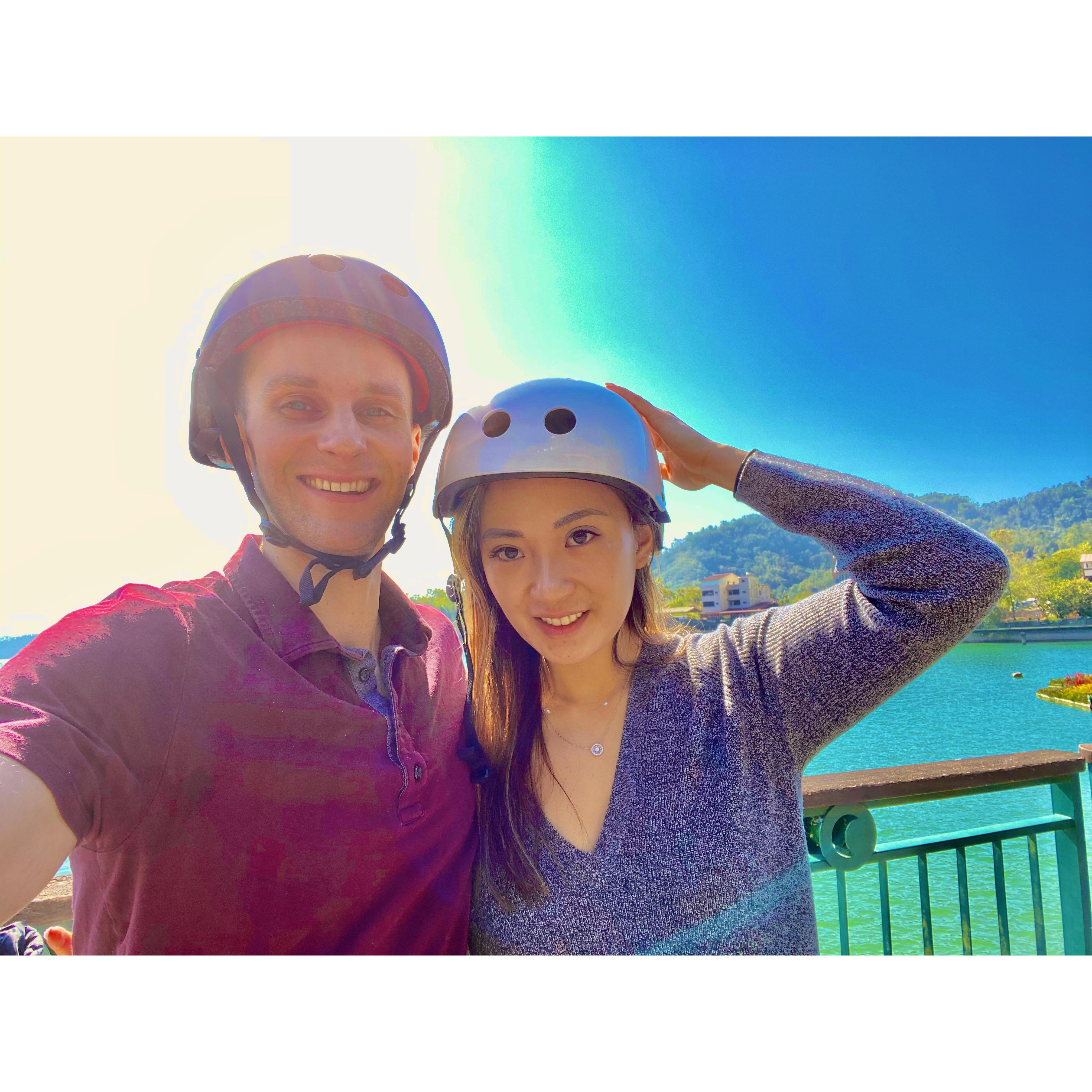Biking around Sun Moon Lake in Taiwan.