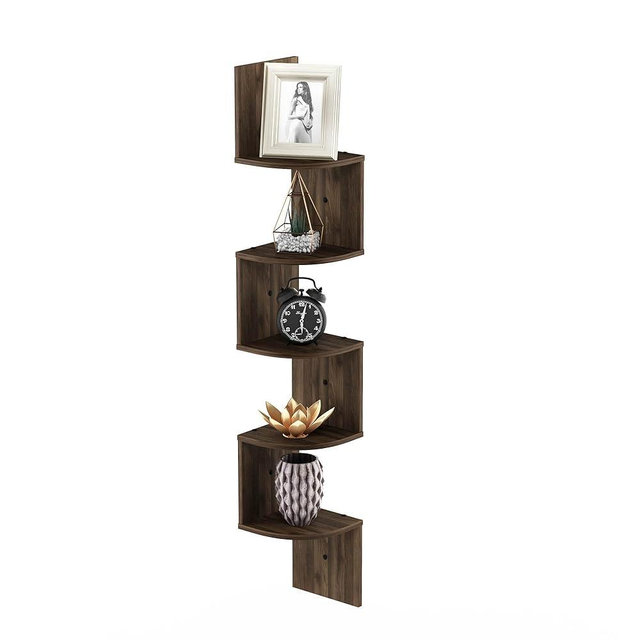 Furinno Rossi Wall Mount Floating Corner Shelf, 5-Tier Radial, Columbia Walnut