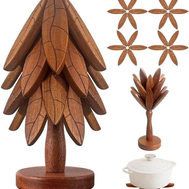 Tree Coasters, Wooden Trivets for Hot Dishes/Pot/Bowl/Teapot/Pans, Tree Shape Trivet Set - 4 Wooden Trivets + 1 Stand Stored, Gifts for Him/Her (Leaf Pattern - 4Pcs)