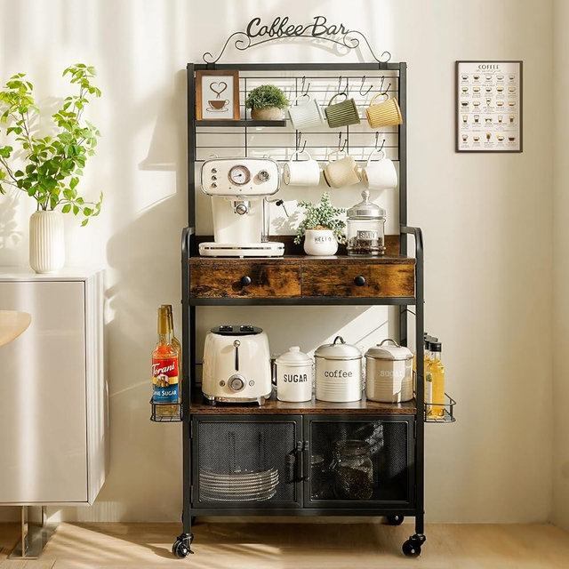 Filano Coffee Bar Cart with Wheels, Coffee Bar Table, Kitchen Coffee Bar Cabinet with Storage, Rustic Coffee Bar, Rolling Coffee Cart, Coffee Nook, Corner Coffee Bar Station with Drawer, Bakers Rack