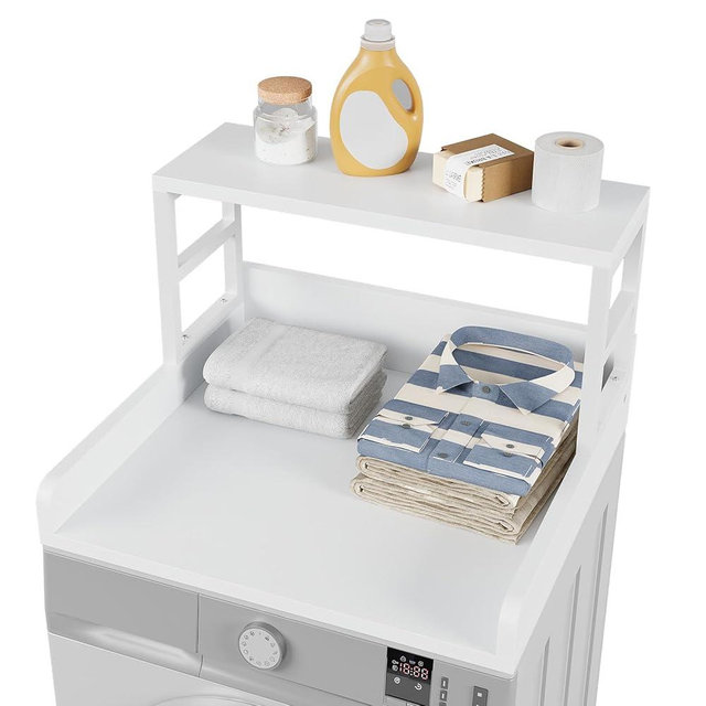HOTLUU Washer Dryer Countertop with Shelf, 27.5″D x 27.5″W x 16.7″H, Countertop for Washer and Dryer Top with Non-Slip Pads and Edge Rails, Laundry Room Storage and Organization(White)