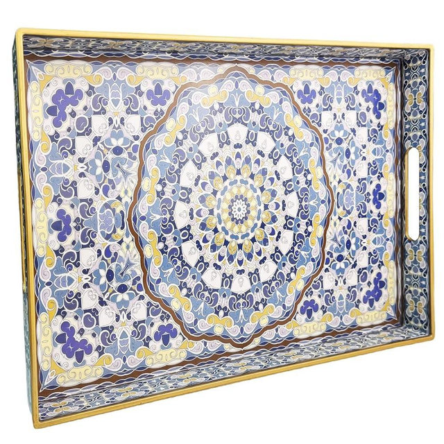 Umisriro Blue Decorative Tray, Serving Tray with Handles, Plastic Large Tray for Coffee Table, Living Room, Decor, 15.7”*11.8”*1.6"