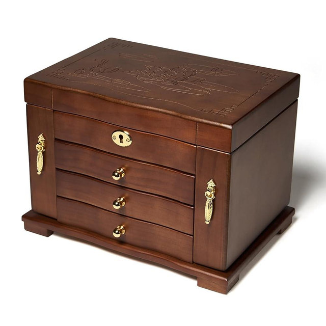 FEECOZ Wooden Jewelry Box for Women, Solid Wood Jewelry Organizer with Mirror and 3-Drawer, Ring,Necklacel,Vintage Style Storage Box with Lock (Dark Brown(lotus pattern)