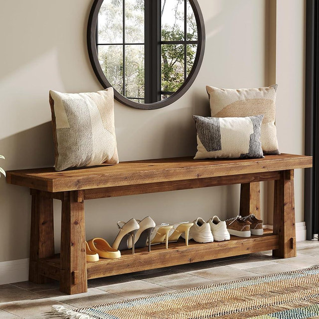 TRIBEWOOD 55" Solid Wood Entryway Bench with Shoe Storage, Rustic Hardwood Finishes Foyer Bench with Open Shelf for Hallway, Mudroom, Bedroom, Easy Assembly