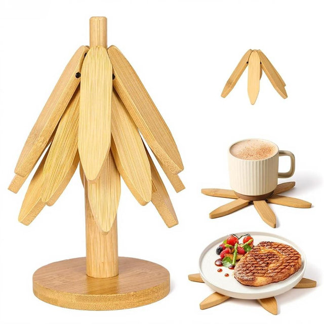 DecBeLiv Foldable Tree Trivet Wooden Hot Plate Holder, Bamboo Trivet for Hot Dishes, Heat-Resistant Pot Holder Tree for BBQ, Picnic, Outdoor Dining & Kitchen Decor