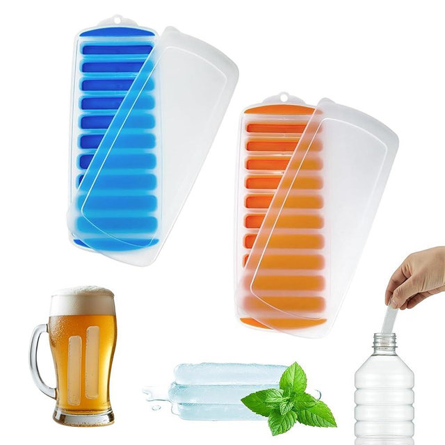 Lily's Home Silicone Ice Cube Tray with Lid Set of 2, BPA-Free, Ideal for Water Bottles & Sports Bottles, Flexible & Stackable Design for Quick Release, Ice Cube Trays for Freezer(11.81"*4.72"*0.95")