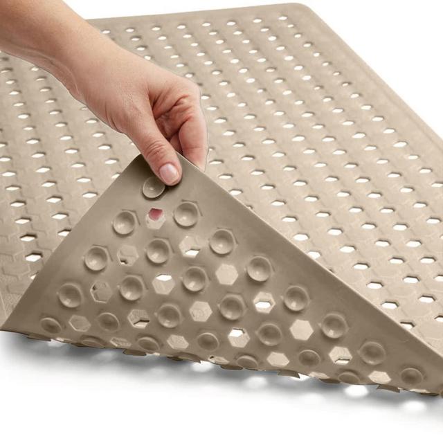 Gorilla Grip Patented Shower and Bathtub Mat, 35x16, Long Bath Tub Floor Mats, Suction Cups and Drainage Holes Keeps Floors Clean, Machine Washable, Soft on Feet, Bathroom Accessories, Beige Opaque