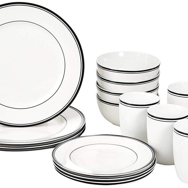 AmazonBasics 16-Piece Cafe Stripe Dinnerware Set, Service for 4 - Black