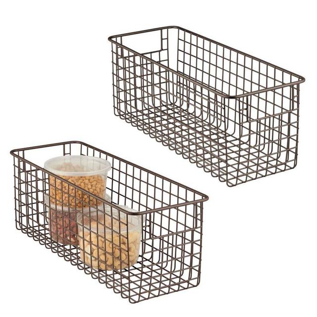 mDesign Farmhouse Decor Metal Wire Food Storage Organizer Bin Basket with Handles for Kitchen Cabinets, Pantry, Bathroom, Laundry Room, Closets, Garage - 16" x 6" x 6" - 2 Pack - Bronze
