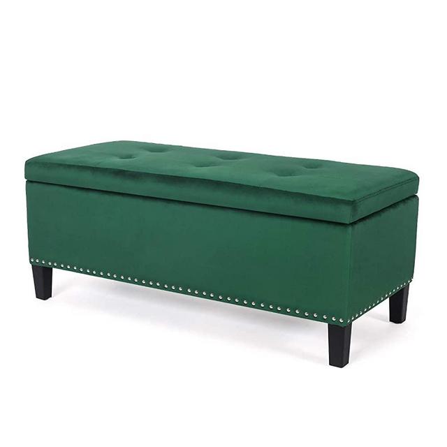 Homebeez Velvet Storage Ottoman Bench Tufted Rectangular Footstool with Wood Legs (Emerald Green)
