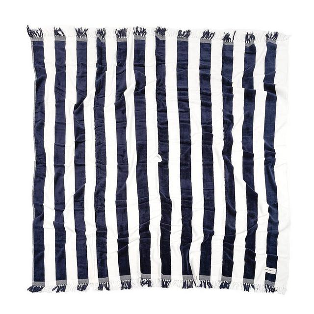 Business & Pleasure Co. Holiday Beach Blanket - Perfect for The Beach & Picnics - Oversized Beach Towel with Fringe - Soft 500 GSM Cotton - Navy Capri Stripe