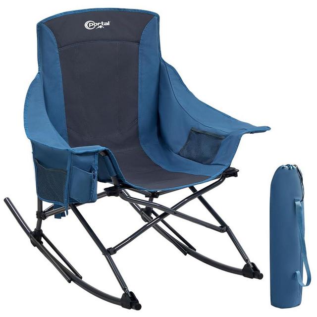 Portal Heavy Duty Rocking Camping Chair, Folding Outdoor Rocker with Cup Holder & Side Pocket, 350 lbs Support, for Camping, Sports, Backyard, Blue