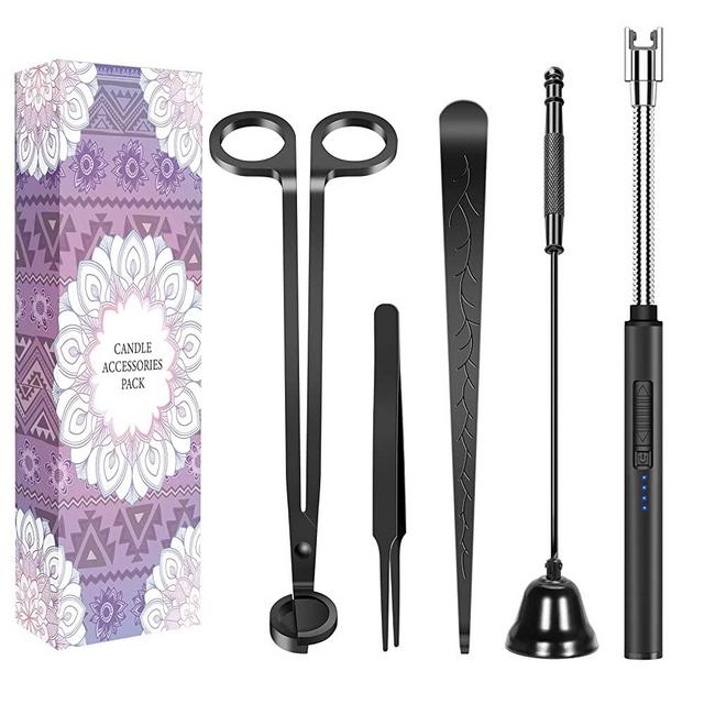 5 in 1 Candle Accessory Set,Candle Wick Trimmer Cutter,Candle Wick Dipper,Candle Wick Snuffer,Rechargeable Candle Lighter,Tweezers,Stainless Steel Candle Care Kit Home Gift for Aromatherapy(Black)